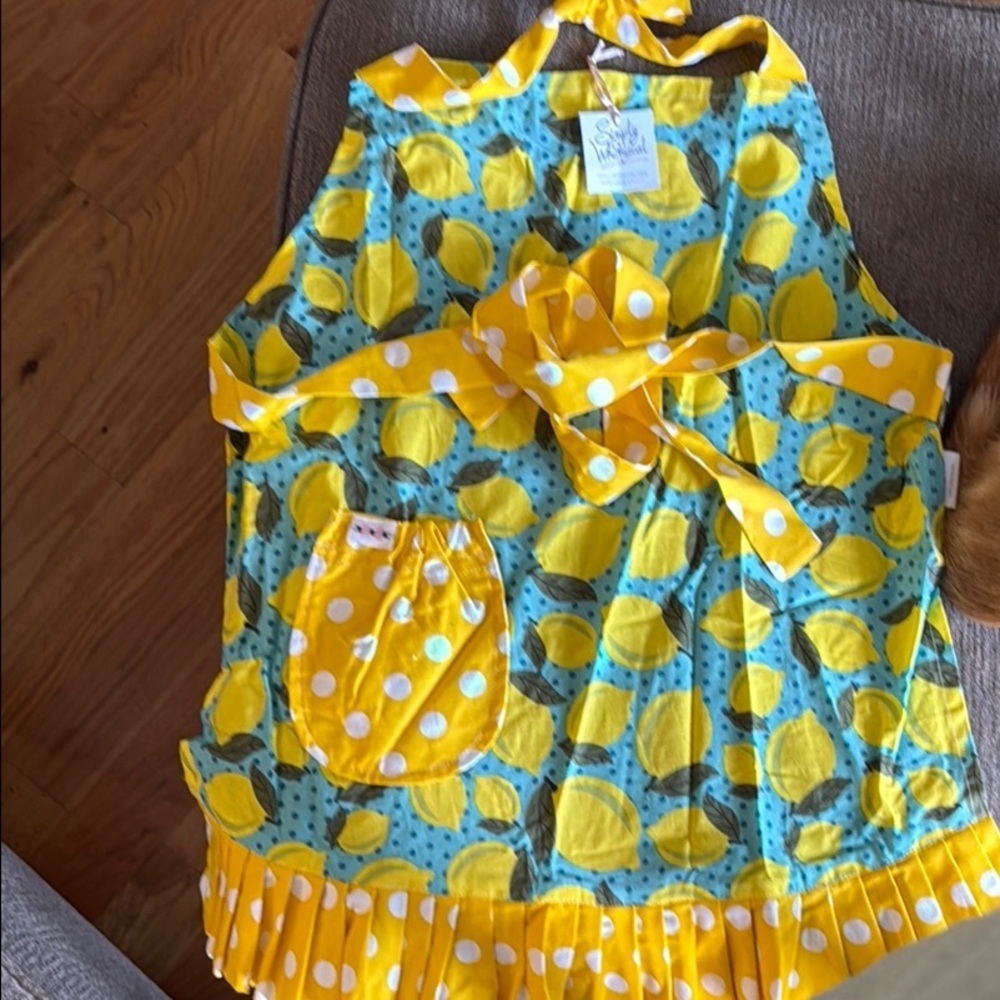 Simply Whimsical Kids Summer Lemon Print Apron with Polka Dots & Ruffles, NWT